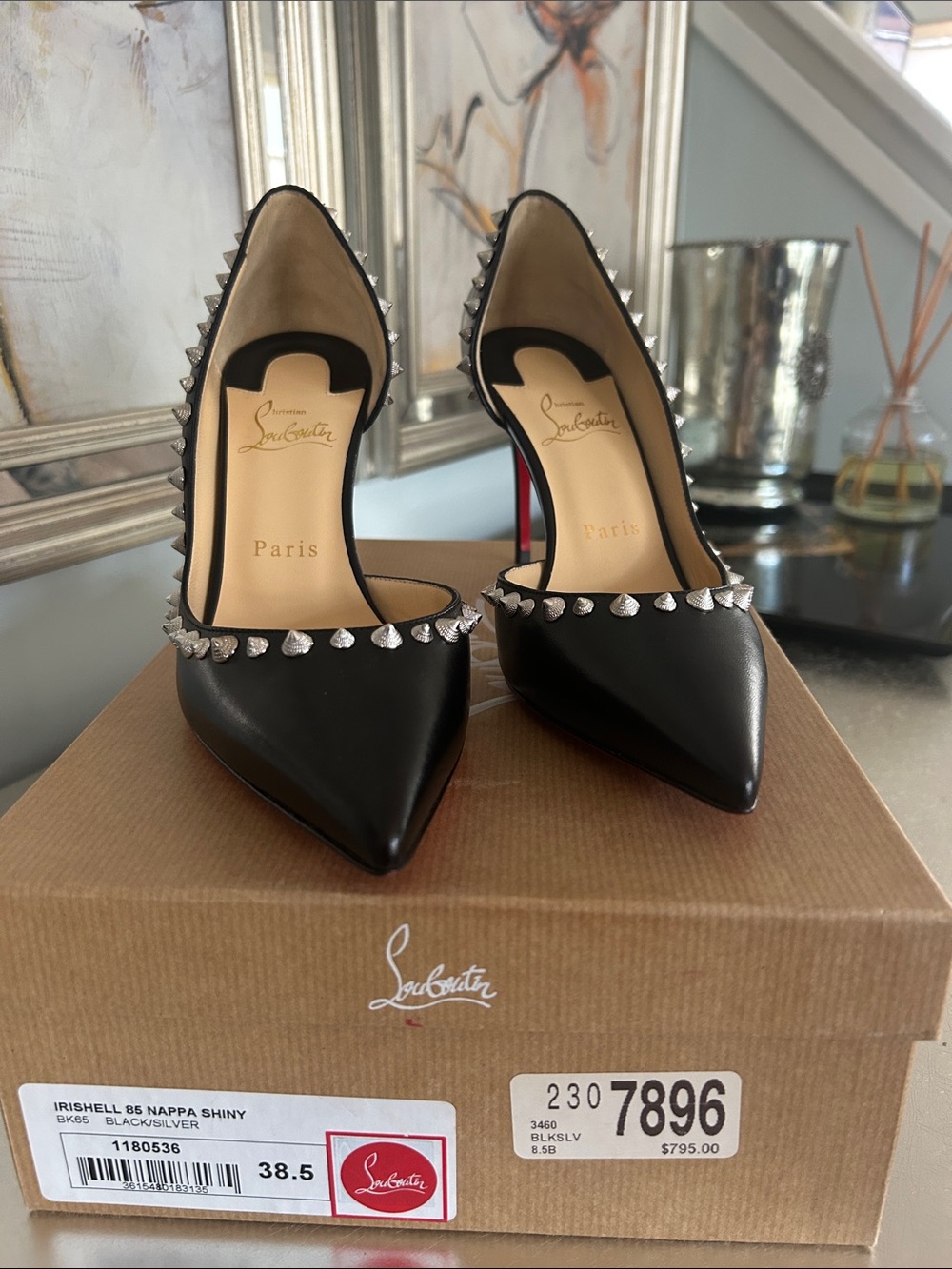 Christian Louboutin Black Leather Pointed-Toe Pumps with Silver Studs